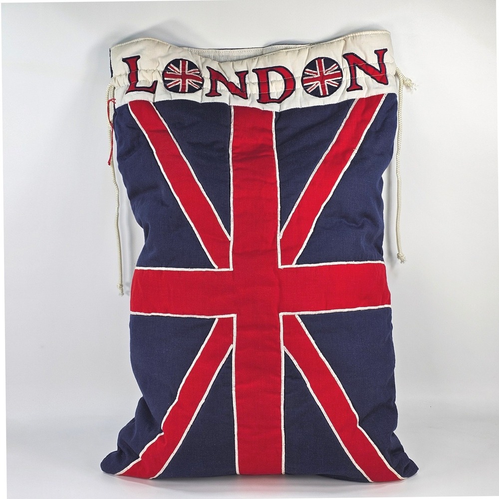 Harrods London Union Jack Drawstring Laundry Storage Bag Navy Blue Canvas